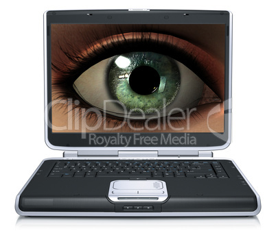 girl eye on laptop screen isolated on a white