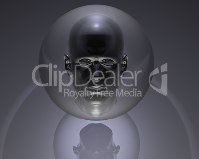 3d men head in glass orb