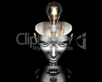lamp in 3D cyborg girl head on black