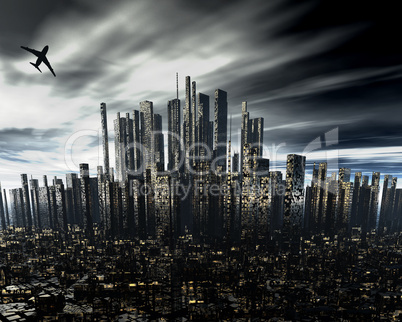 cityscape with airliner silhouette