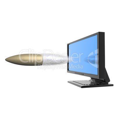 Computer screen with flying bullet isolated on white