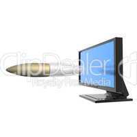 Computer screen with flying bullet isolated on white