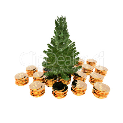 bare Christmas tree ready to decorate with coins