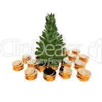 bare Christmas tree ready to decorate with coins