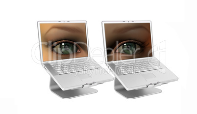 girl eyes on a laptop screens isolated on a white