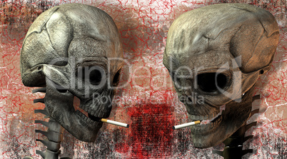 two 3D skulls with cigarette