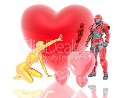 3d soldier and golden girl with a red 3d heart background