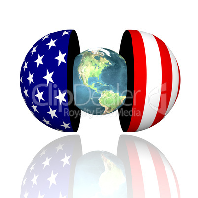 3d earth in hemispheres with us flag texture