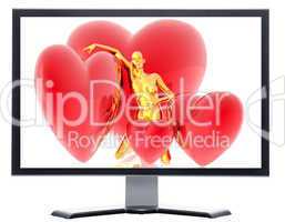 monitor with 3d virtual girl with red hearts background