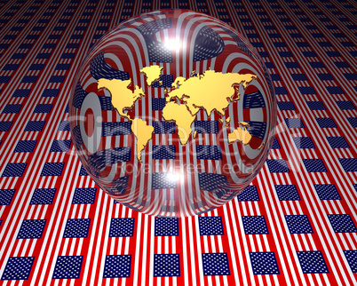 model of world map with USA flag in background