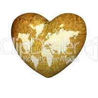 heart with earth grunge map on a white