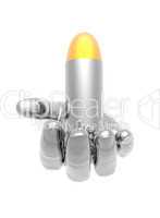 bright 3D golden bullet on the hand isolated on white
