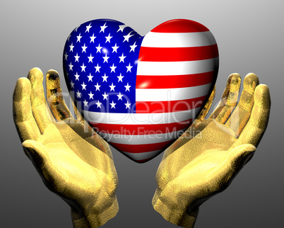 heart with us flag texture in golden hands