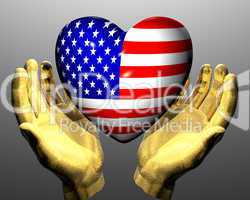 heart with us flag texture in golden hands