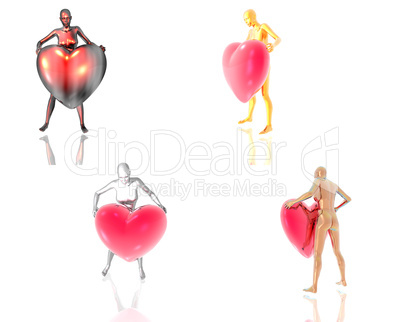 3d golden virtual girl with red heart