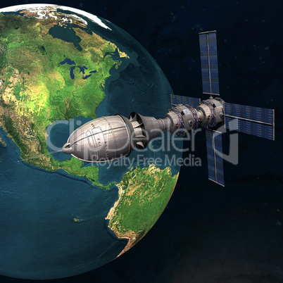 Satelite sputnik orbiting earth in space