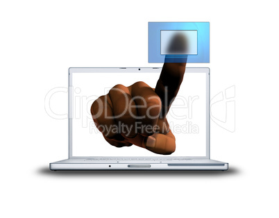 3D finger pushing transparent button from laptop
