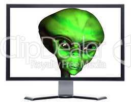 monitor with 3D alien head