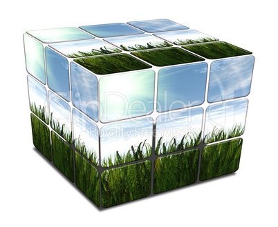 3D cube with green grass and blue sky on white