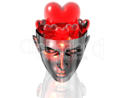 3D hearts in 3D cyborg girl head