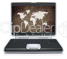 retro model of the geographical world map on laptop screen