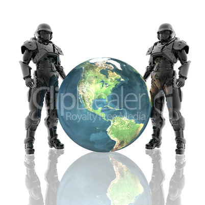 3d soldiers in a gas mask with earth