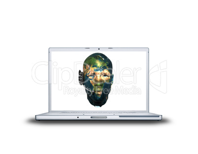 man head world map textured on laptop screen