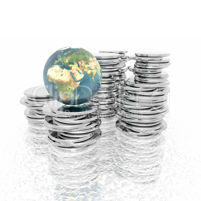 coins with 3D globe isolated on a white