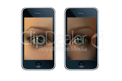 girl eyes on a phone screens isolated on a white