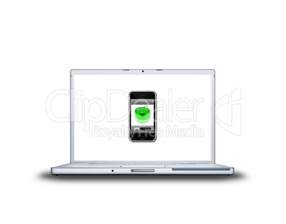 mobile phone with apple on laptop screen isolated on white back