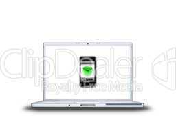 mobile phone with apple on laptop screen isolated on white back