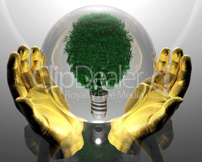 green ecological tree in glass orb and golden hands on grey back