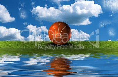 basket ball on the green grass with sky background