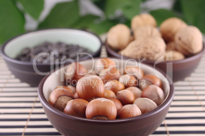 Wood nuts in cup on bamboo napkin