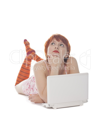 Red Girl in stripe socks  with laptop on white background