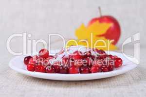 Cowberry in sugar on a linen napkin