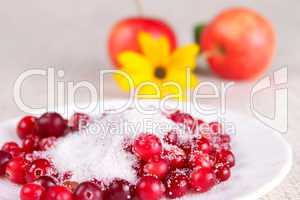 Cowberry in sugar against apples and a flower