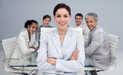 Happy businesswoman smiling in a meeting