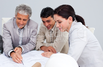Portrait of architects studying plans