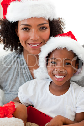 Portrait of a mother and a daughter wearing a Christmas hat