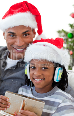 Portrait of an Afro-American father and son at Christmas time