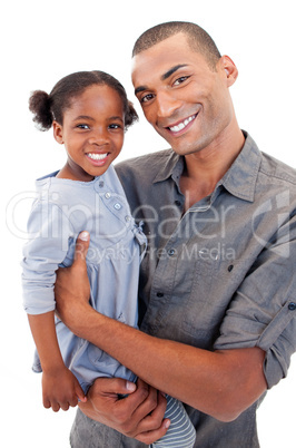 Happy Afro-American dad holding her little daughter