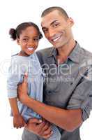 Happy Afro-American dad holding her little daughter