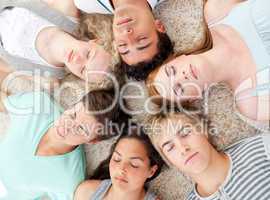 High angle of teenagers with their heads together sleeping on th