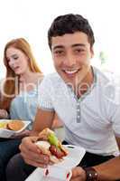 Friends eating burgers and fries