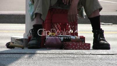 Homeless Man Peddling Items - Close Up