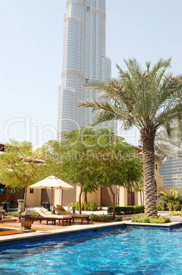 Swimming pool at luxury hotel in Dubai downtown, UAE