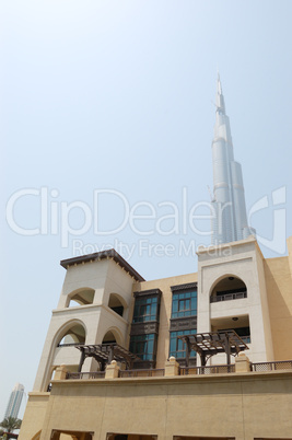 Burj Dubai skyscraper and traditional arabic style hotel, UAE
