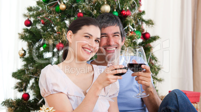 Lovers drinking wine at homa at Christmas time