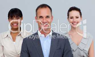 Smiling businessman leading his colleagues